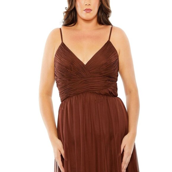 MAC DUGGAL Size 16 Brown Tiered V-Neckline Ruched Formal Prom Gown Dress New - Picture 3 of 9